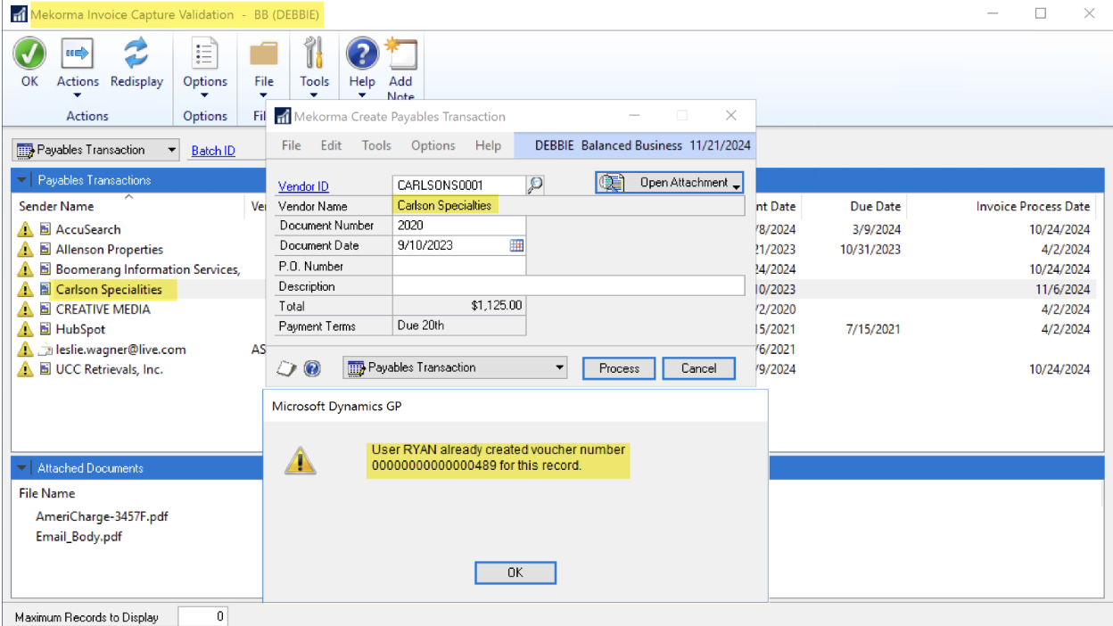 A screenshot shows the invoice capture screen in MS Dynamics GP and Mekorma x96