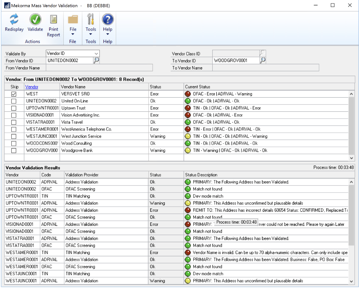 A screenshot shows vendor validation results for multiple vendors in MS Dynamics GP.